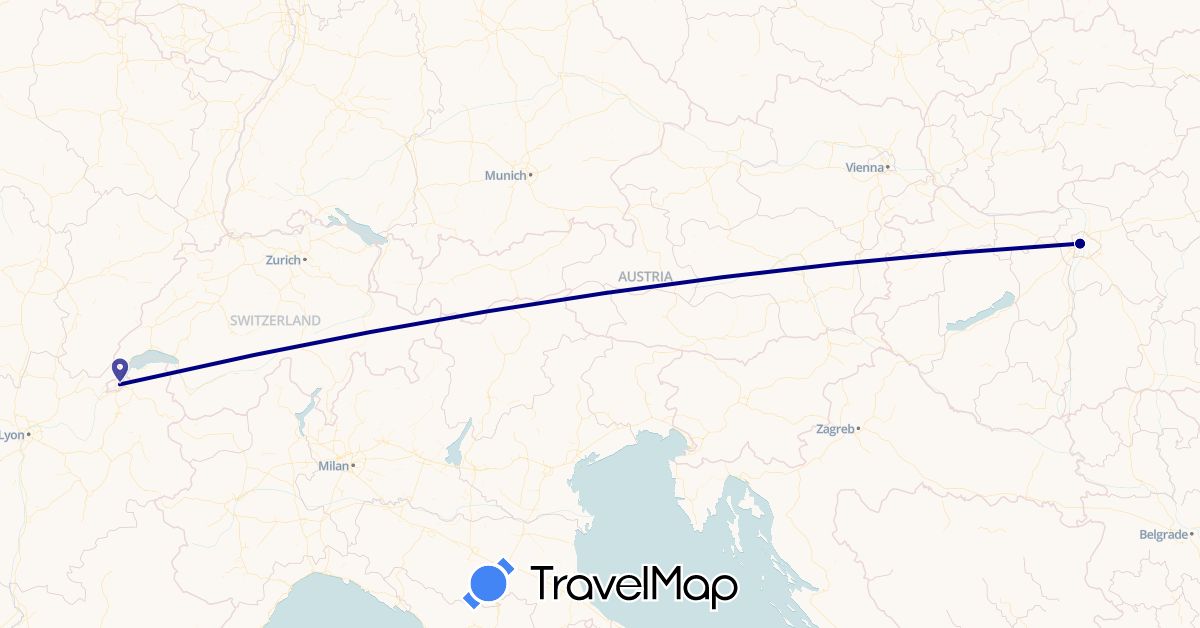 TravelMap itinerary: driving in Switzerland, Hungary (Europe)